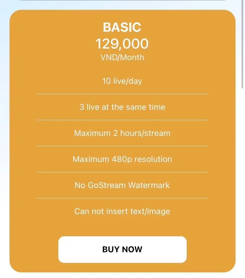Lựa chọn gói Basic của GoStream