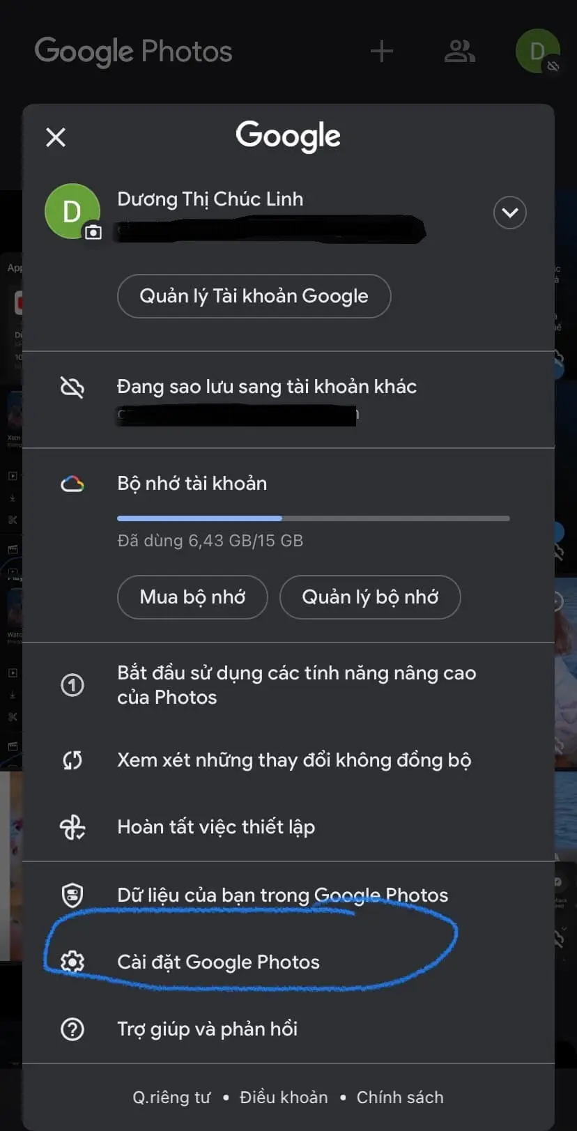 Bấm vào Cài đặt Google Photos