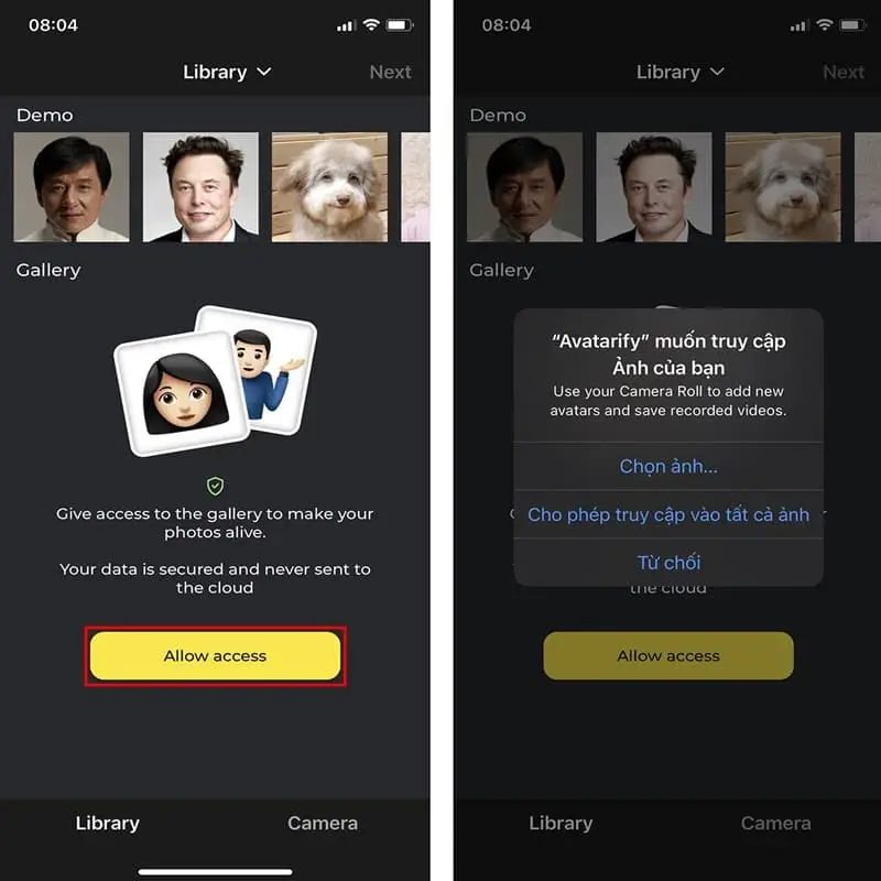 Mở ứng dụng Avatarify và bấm vào ô Allow Access
