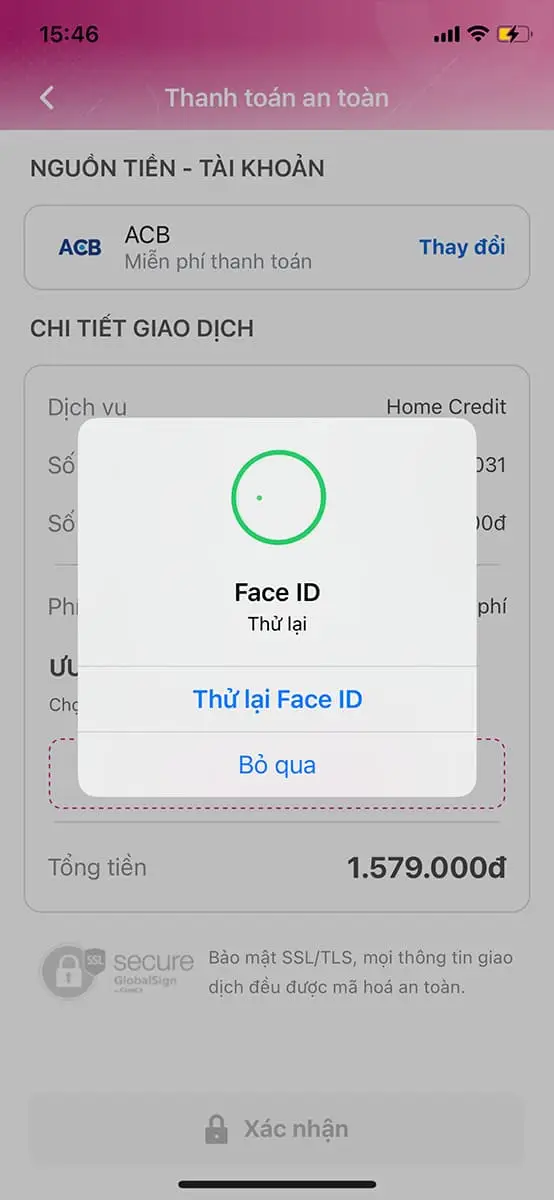 Bấm xác nhận và nhập vân tay hoặc Face ID