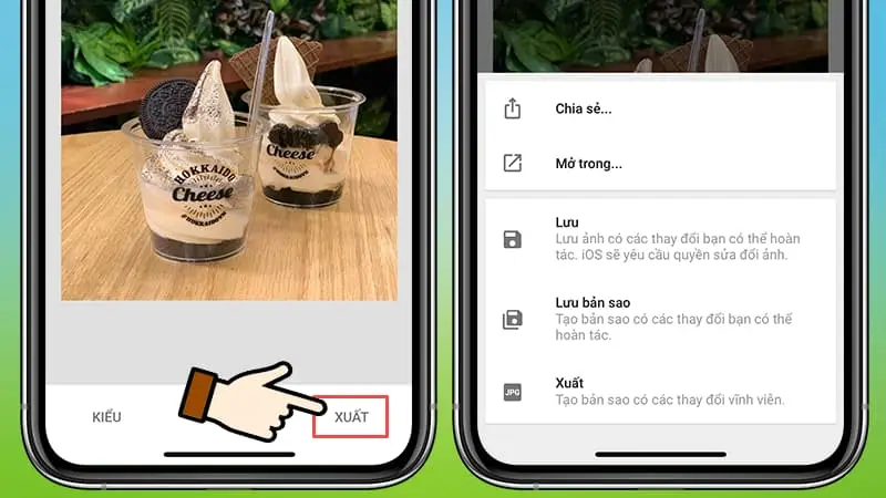 Lưu ảnh bằng cách ấn vào chữ Xuất