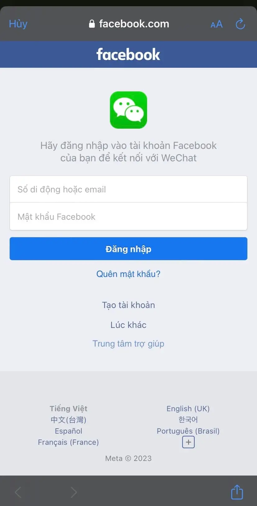 Nhập thông tin tài khoản Facebook của bạn