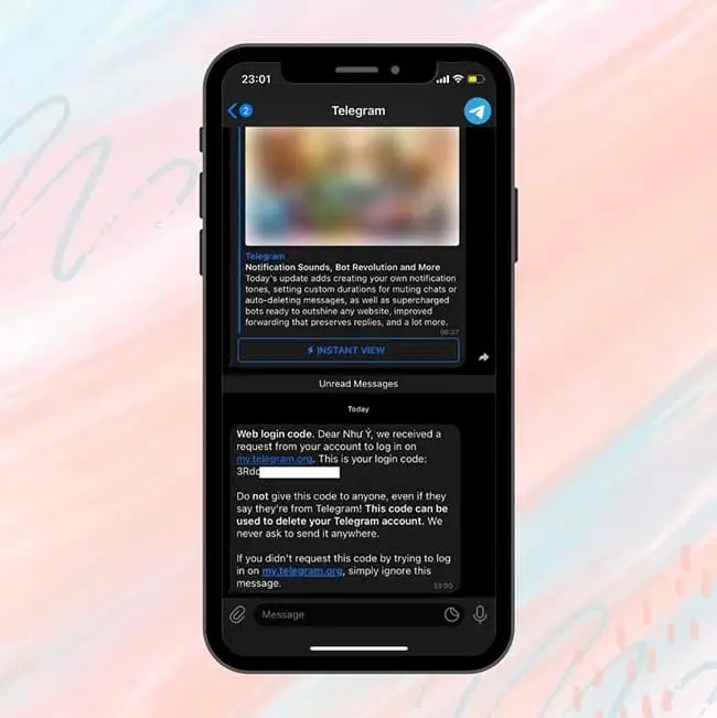 Tin nhắn về tài khoản Telegram của bạn có chứa mã xác nhận