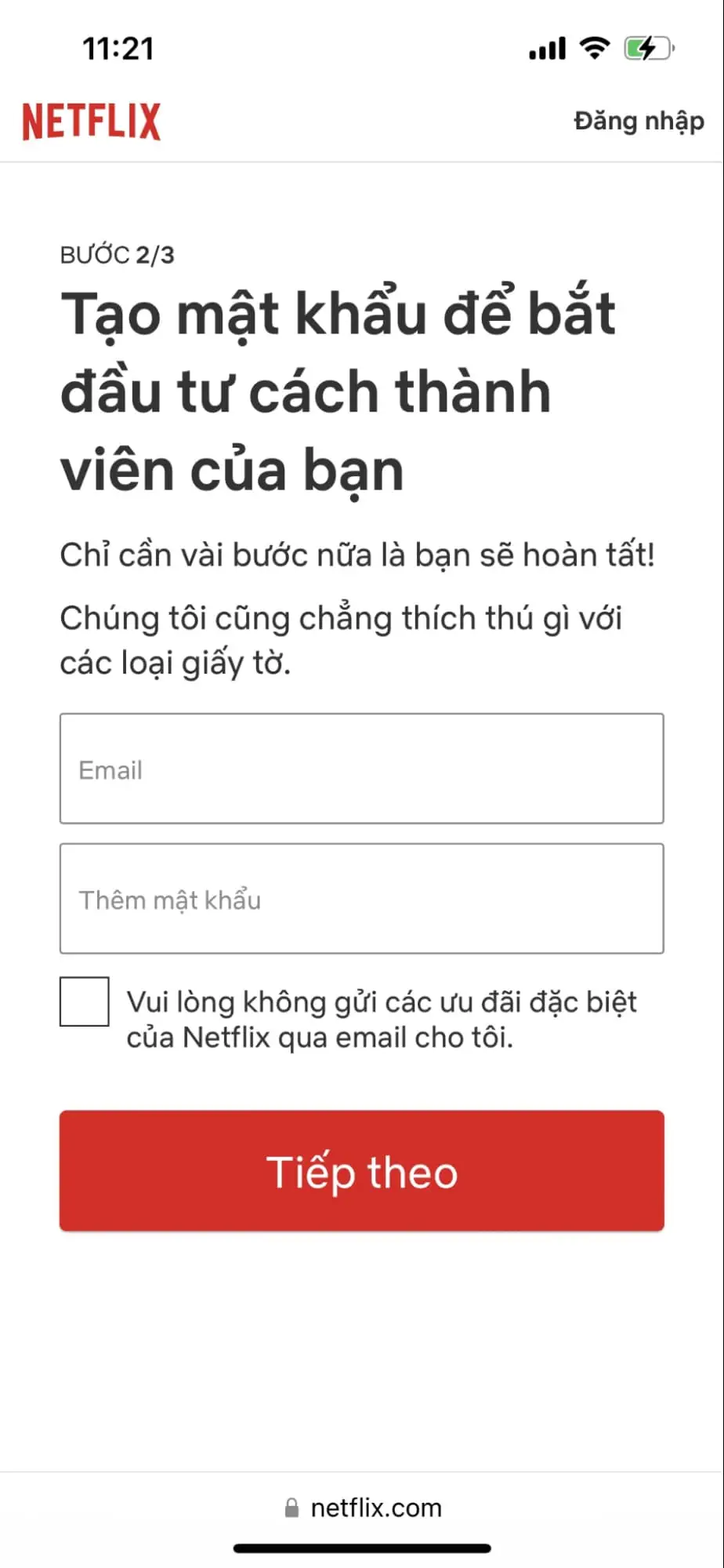 Nhập tài khoản email của bạn