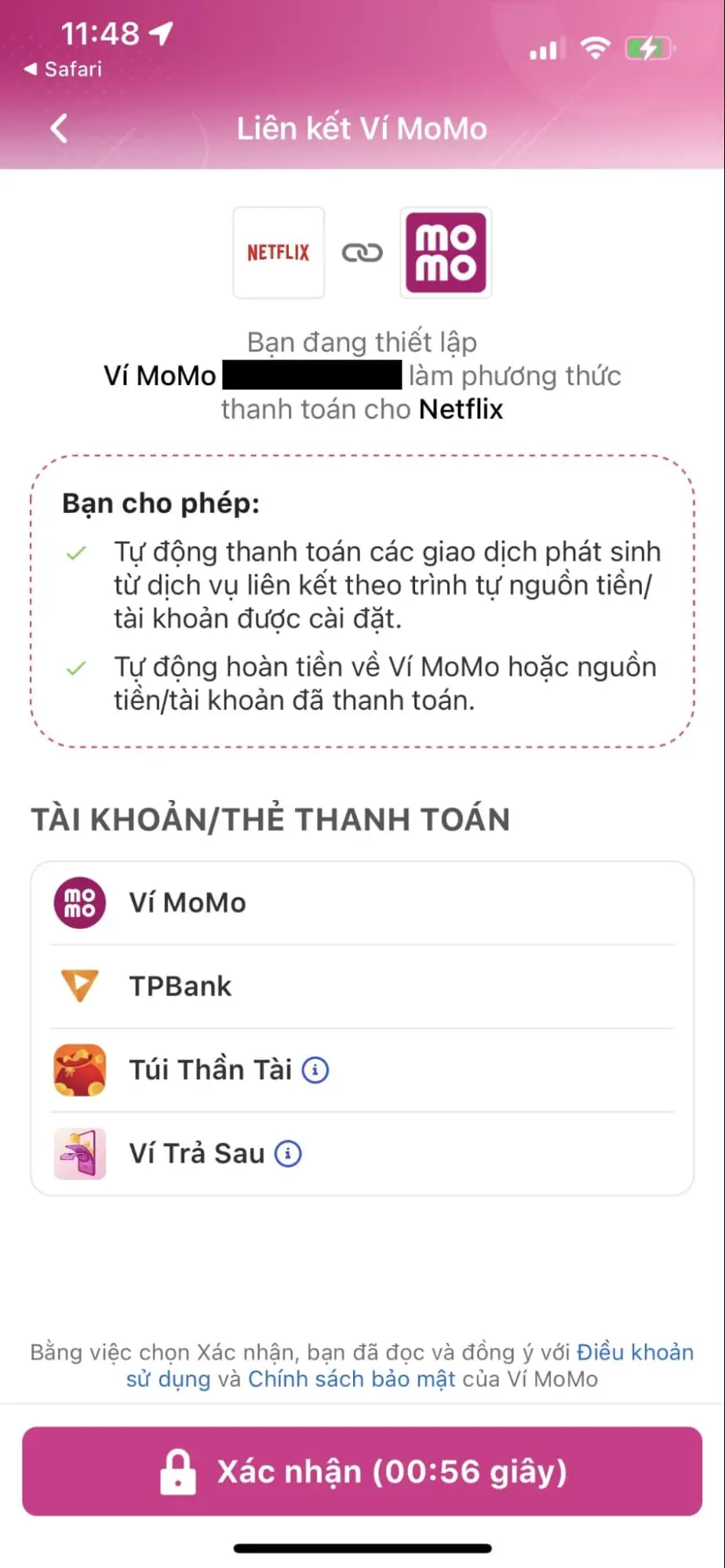 Xác nhận thanh toán ở ứng dụng