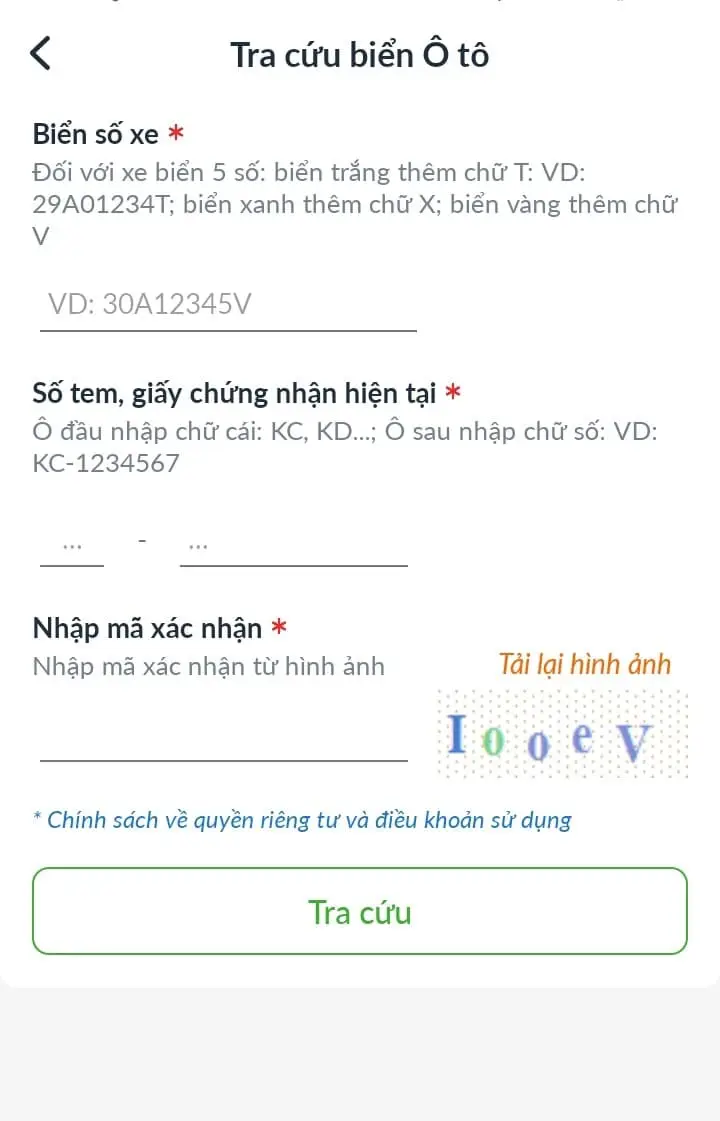 Điền những thông tin của ô tô được yêu cầu