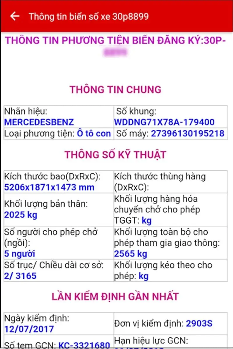 Thông tin biển số xe sẽ hiện ra