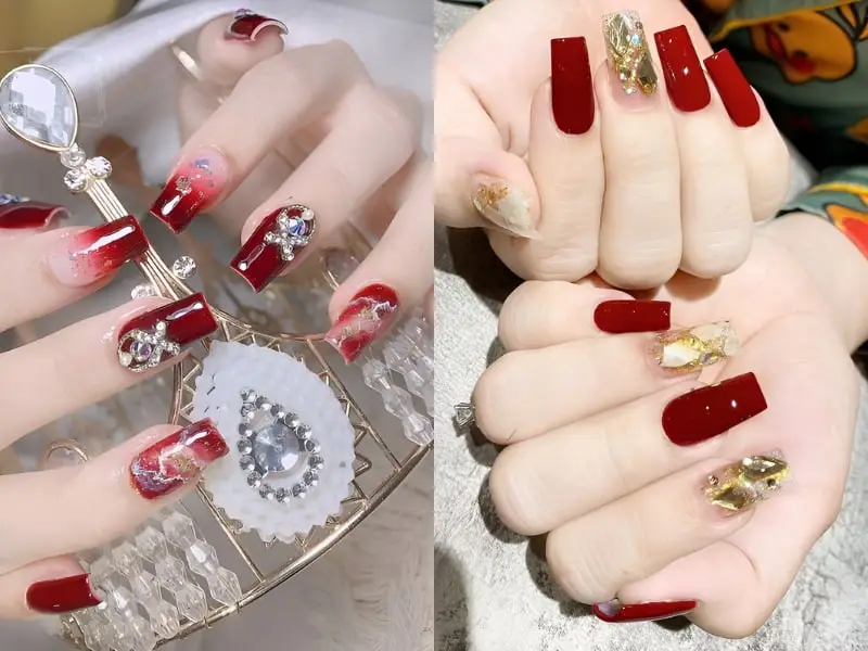 Mẫu nail Tết đính đá sang trọng