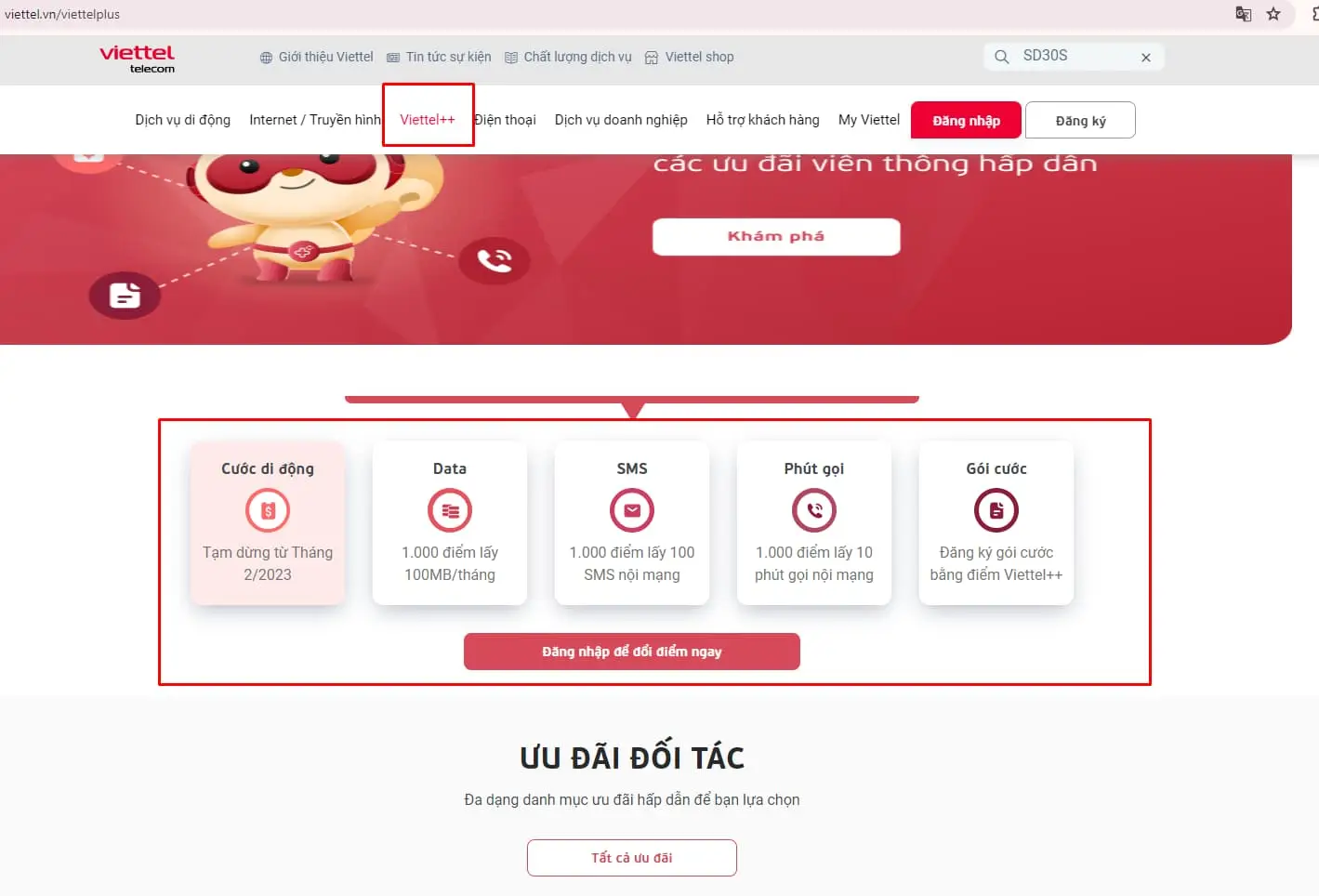 Cách đổi điểm Viettel++ trực tiếp trên website