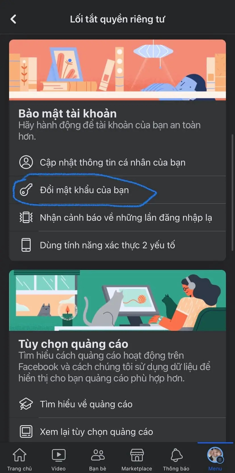 Nhấp vào ô Đổi mật khẩu của bạn 