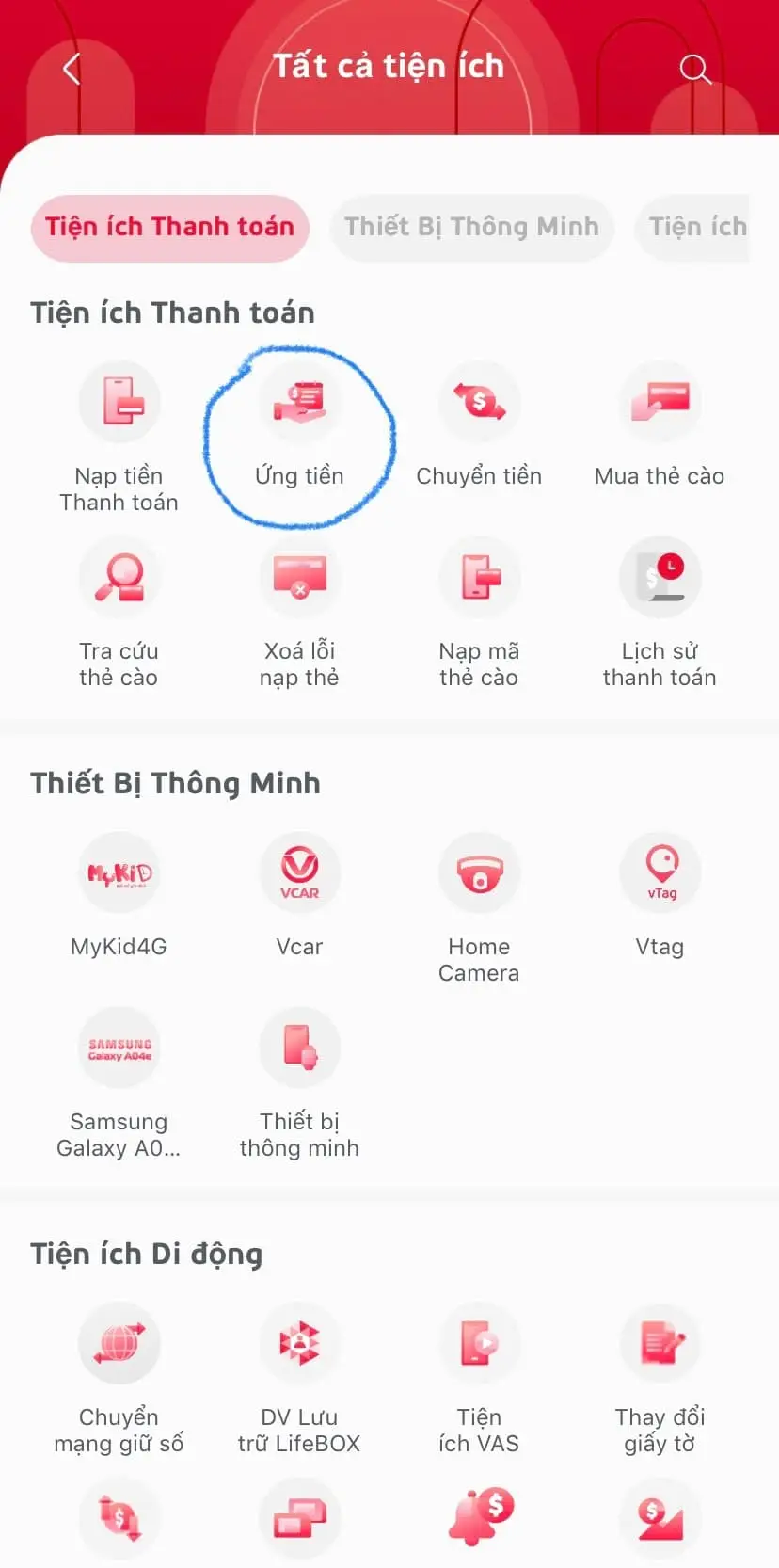 Chọn mục Ứng tiền 