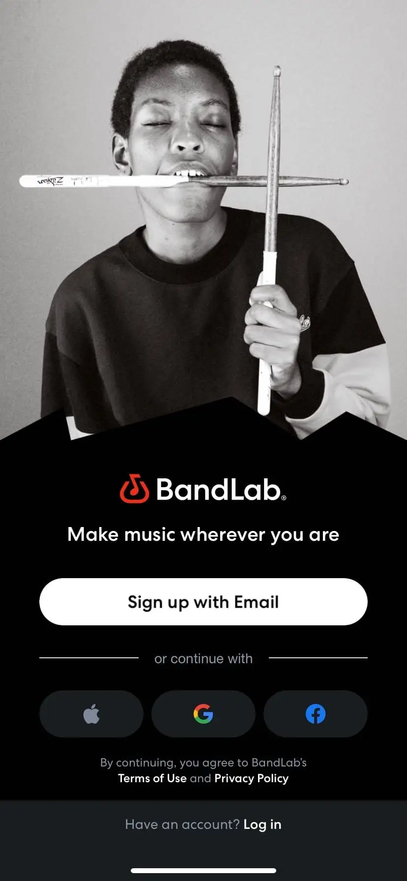Mở ứng dụng BandLab và lựa chọn cách đăng ký tài khoản