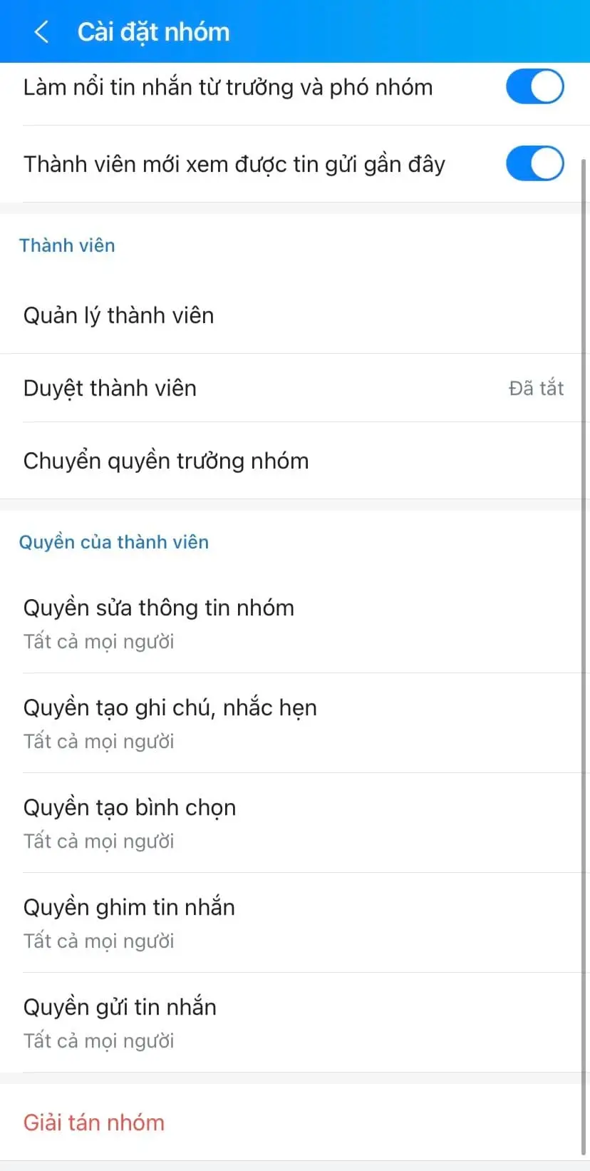 Kéo xuống và chọn Giải tán nhóm