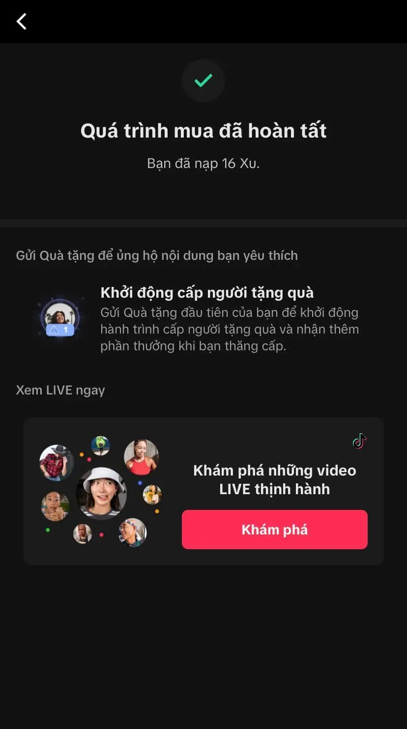 Hoàn tất quá trình nạp xu TikTok