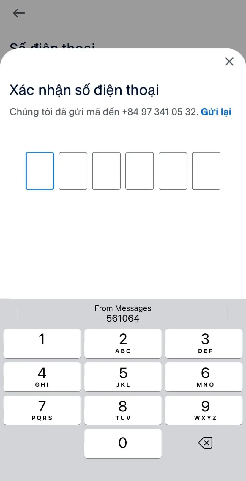 Điền mã 6 số được gửi về số điện thoại của bạn