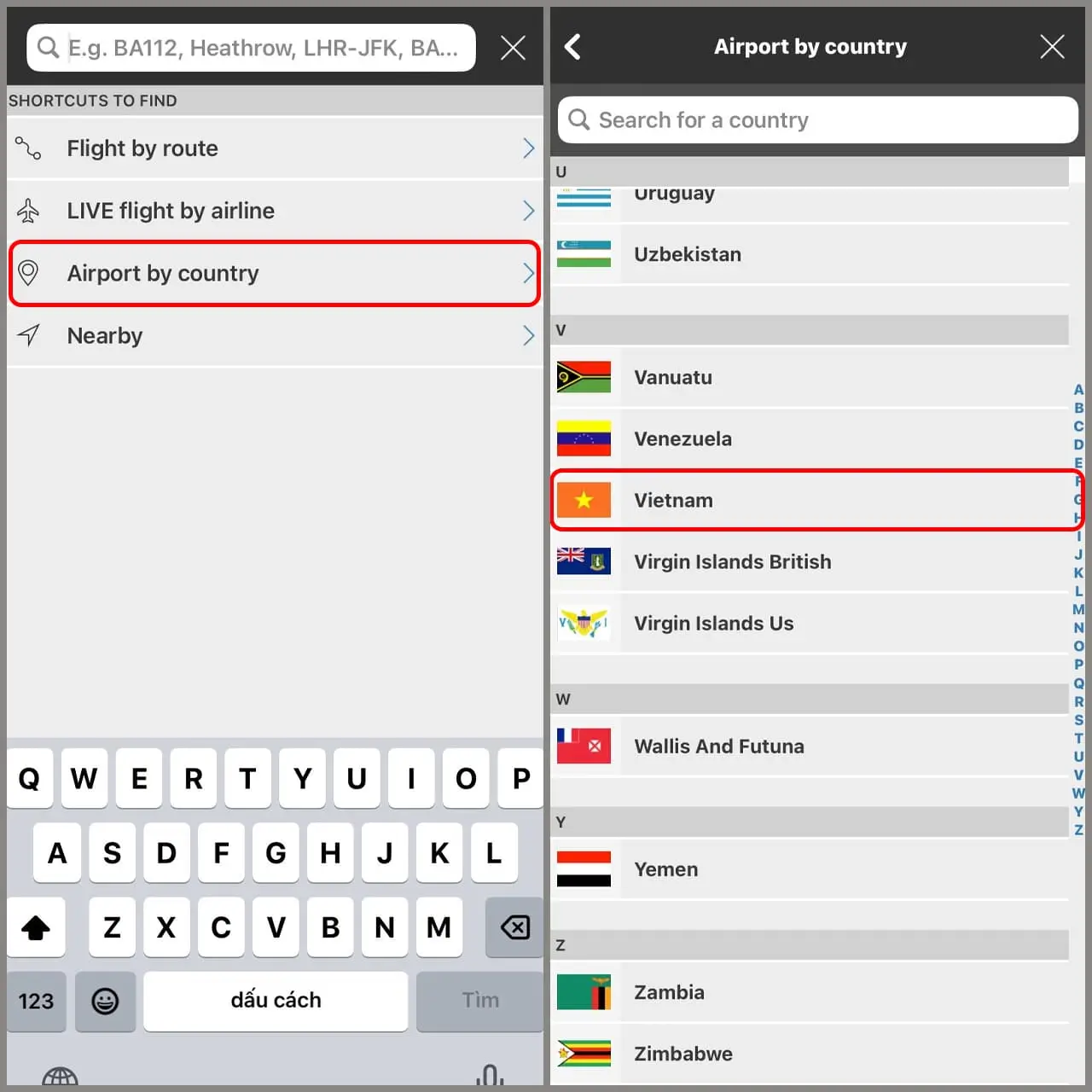 Xem tại mục Airport by country trên thanh tìm kiếm