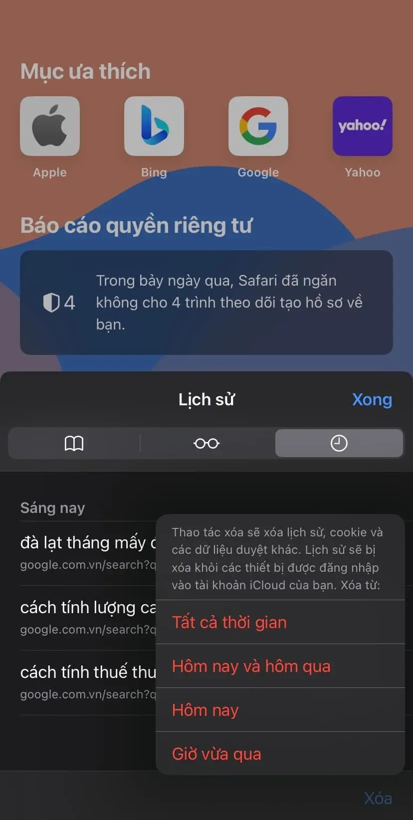 Bấm vào ô Xóa và chọn mốc thời gian