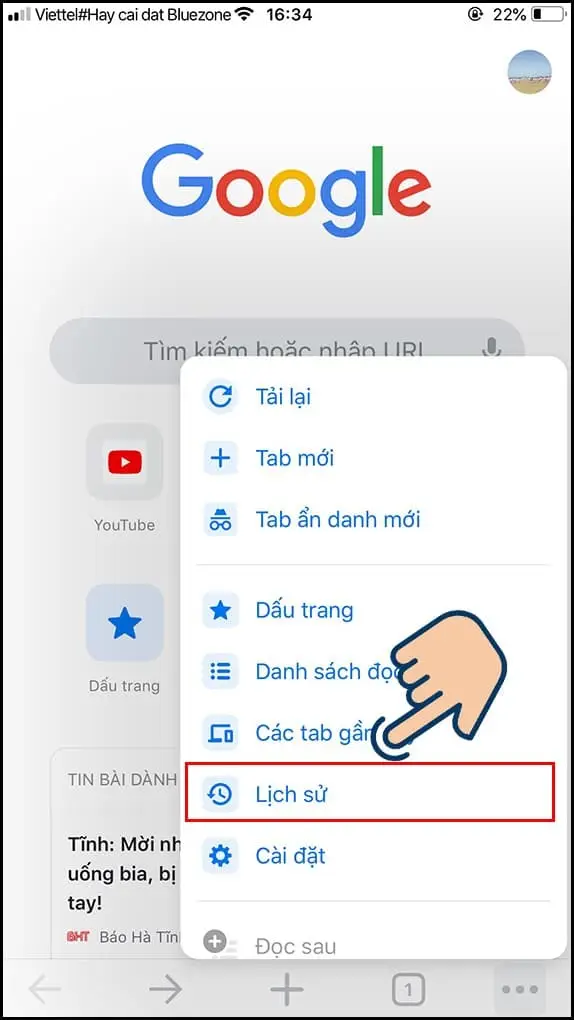 Chọn vào mục Lịch sử
