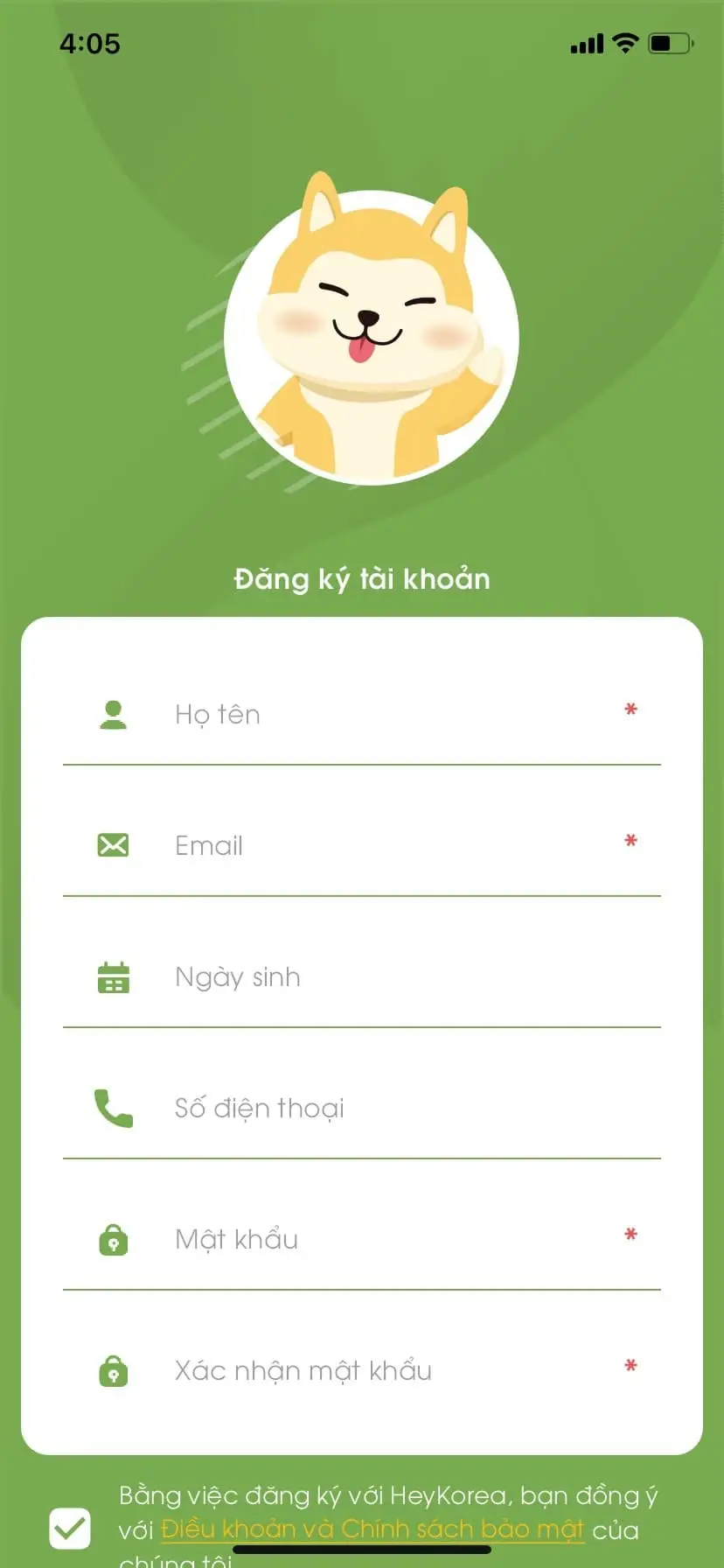 Điền thông tin tài khoản đầy đủ