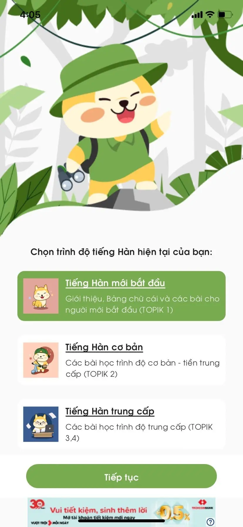 Lựa chọn trình độ tiếng Hàn hiện tại của bạn 