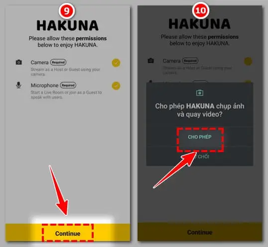 Nhấn Continue và cho phép ứng dụng sử dụng Camera và Microphone
