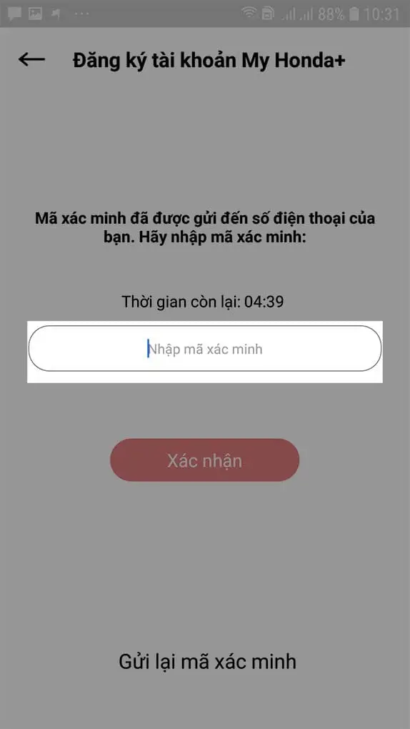 Nhập mã xác minh được gửi về điện thoại