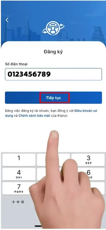 Nhập số điện thoại của bạn và nhấn Tiếp tục