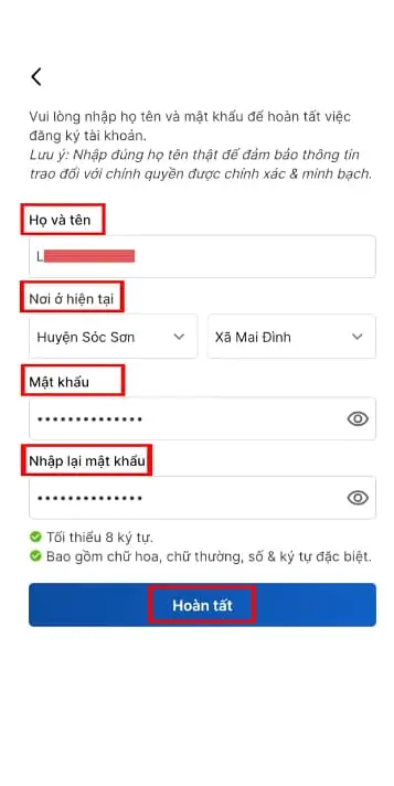 Điền thông tin cá nhân được yêu cầu trên màn hình và nhấn Hoàn tất